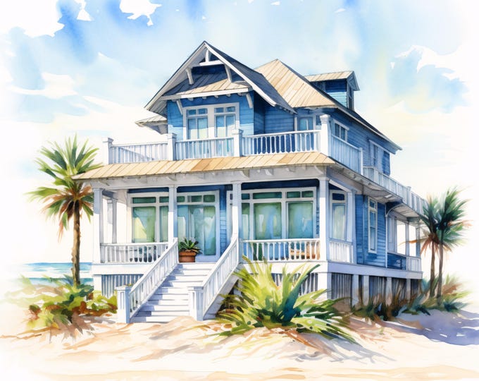 Beach House Clipart, Coastal Cottage Images, 10 Watercolor Clip Art, Printable JPGs, Instant Download, Seaside Paper Craft