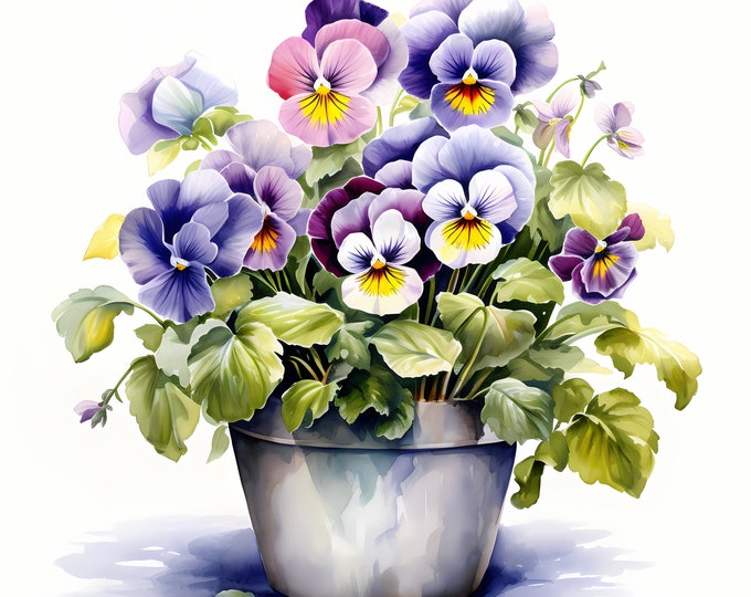 Pansies in Pot Clipart, Pansies Potted Images, 10 Watercolor Clip Art, Printable JPGs, Instant Download, Commercial Use, Paper craft