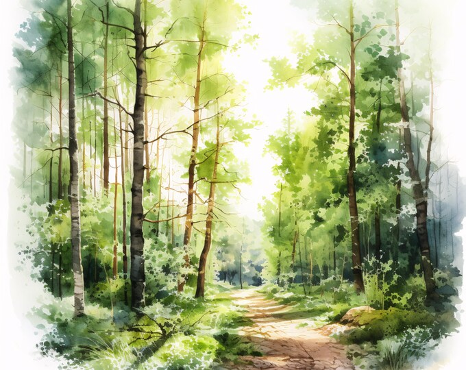 Watercolor Forest Landscape Clipart: Woodland Path JPG Images (Commercial Use, Instant Download