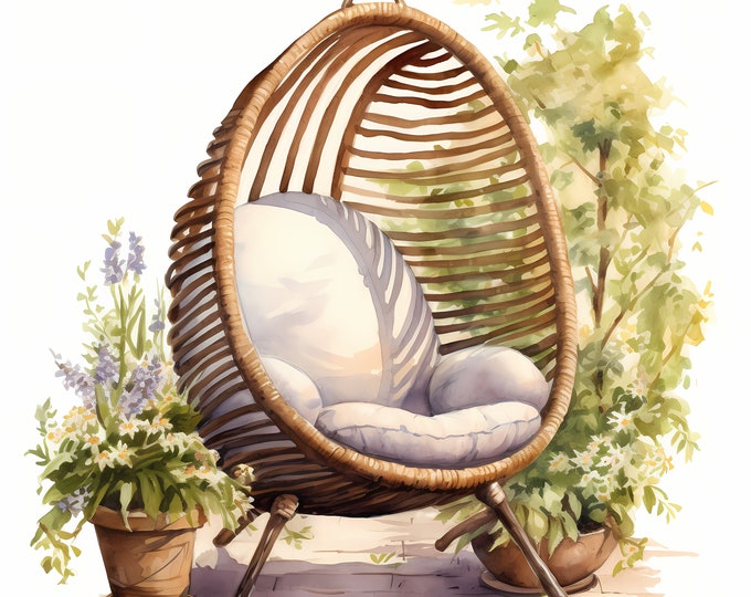 Rustic Sitting Area Clipart, Egg Garden Chair Images, 10 Watercolor Clip Art, Printable JPGs, Instant Download, Commercial Use, Paper craft