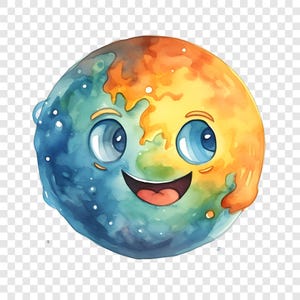 Op de afbeelding: Een cirkelvormige illustratie van een planeet met een aquareltextuur, met een verloop van diepblauw aan de linkerkant naar feloranje en geel aan de rechterkant. Het heeft een lachend gezicht met grote blauwe ogen en een brede, open mond.