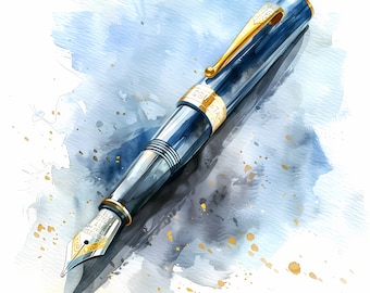 Vintage Fountain Pen Watercolor Clipart: 10 JPG Images (Commercial Use)