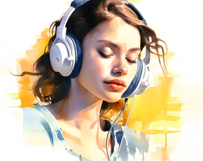 Woman and Headphones Clipart, Music Lover Images, 10 Watercolor Clip Art, Printable JPGs, Instant Download, Commercial Use, Paper craft