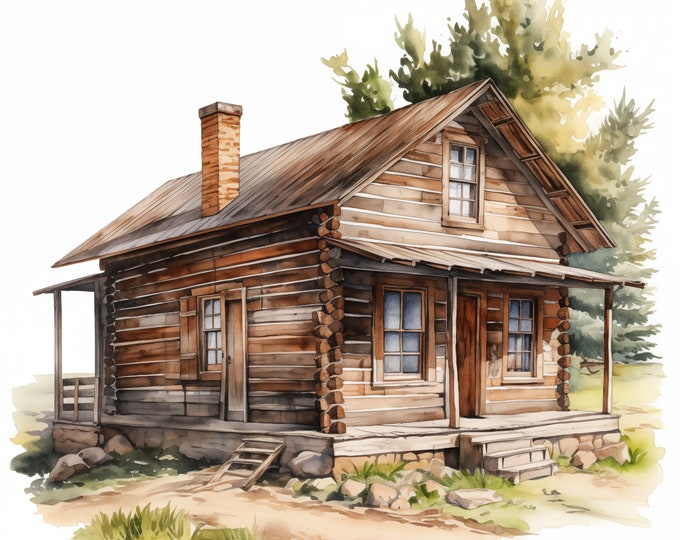 Rustic Cabin Clipart, Old Wooden Cabin Images, 10 Watercolor Clip Art, Printable JPGs, Instant Download, Commercial Use, Paper craft