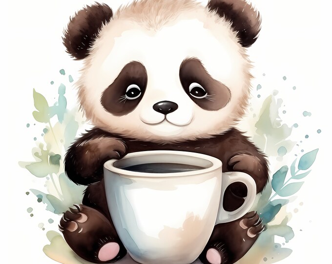 Coffee Panda Clipart, Panda with Coffee Images, 10 Watercolor Clip Art, Printable JPGs, Instant Download, Commercial Use, Paper craft
