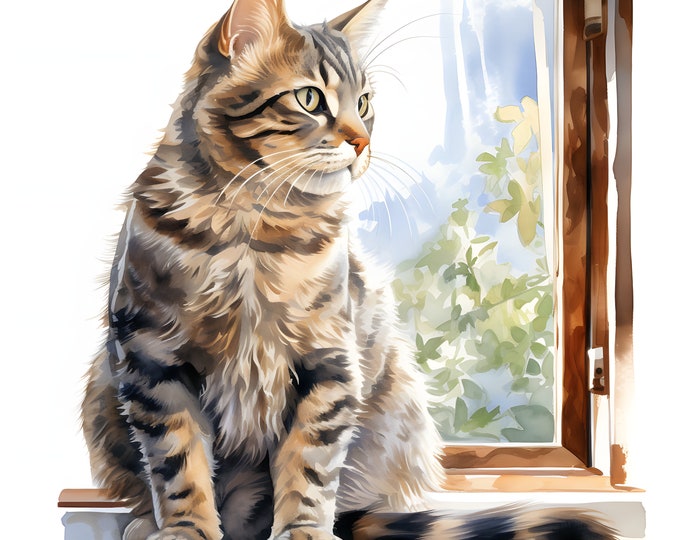 Cat Sitting Clipart, Cat at Window Images, 10 Watercolor Clip Art, Printable JPGs, Instant Download, Commercial Use, Paper craft