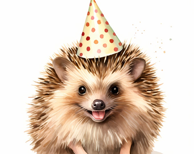 Hedgehog Clipart, Hedgehog with Party Hat Images, 10 Watercolor Clip Art, Printable JPGs, Instant Download, Commercial Use, Paper craft