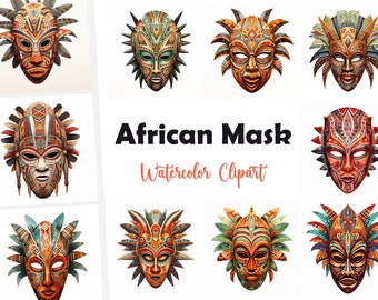 10 Ceremonial Mask, Ancient African Mask JPG, Watercolor Clipart, High Quality JPGs, Digital Download, Commercial Use