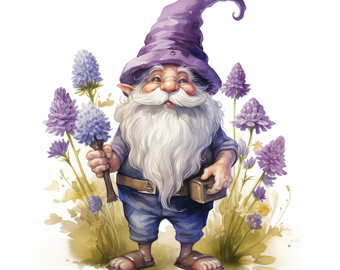 Lavender Gnome Clipart, Gnome with Lavender Images, 10 Watercolor Clip Art, Printable JPGs, Instant Download, Commercial Use, Paper craft