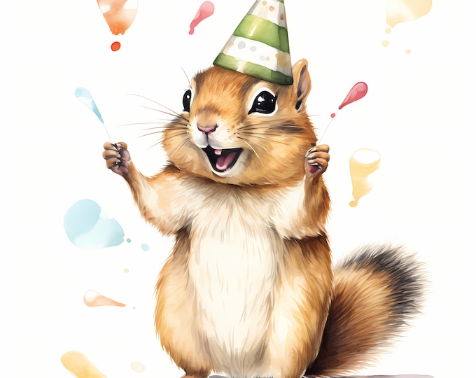 Chipmunk Clipart, Chipmunk with Party Hat Images, 10 Watercolor Clip Art, Printable JPGs, Instant Download, Commercial Use, Paper craft