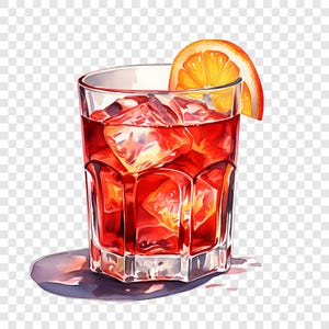 K&ouml;nnte beinhalten: Eine Aquarellillustration eines Cocktails in einem klaren Glas. Das Getr&auml;nk hat eine tiefrote Farbe, ist mit Eisw&uuml;rfeln gef&uuml;llt und mit einer Orangenscheibe garniert. Das Glas steht auf einer transparenten Oberfl&auml;che.