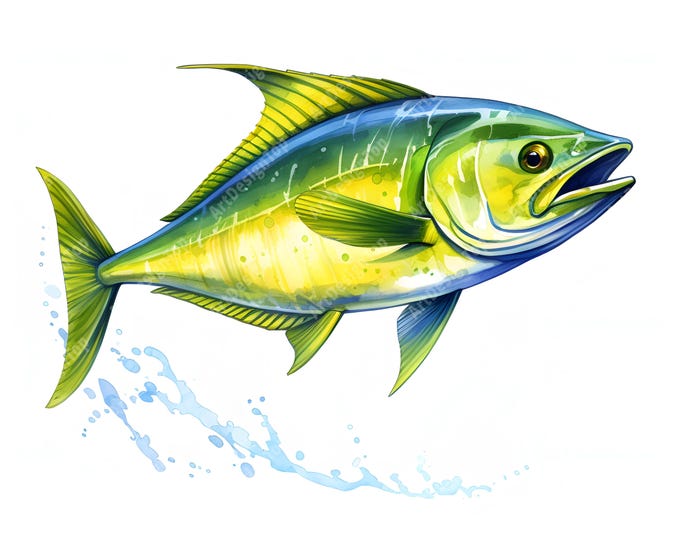 Mahi Mahi Fish Clipart, Mahi Fishing Images, 10 Watercolor Clip Art, Printable JPGs, Instant Download, Commercial Use, Paper craft