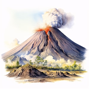 Puede incluir: Pintura a la acuarela de una erupción volcánica. La imagen muestra dos grandes montañas grises con lava roja fluyendo por los lados. Una gran nube de humo blanco sale de la cima. El primer plano presenta un paisaje marrón con pequeños árboles.