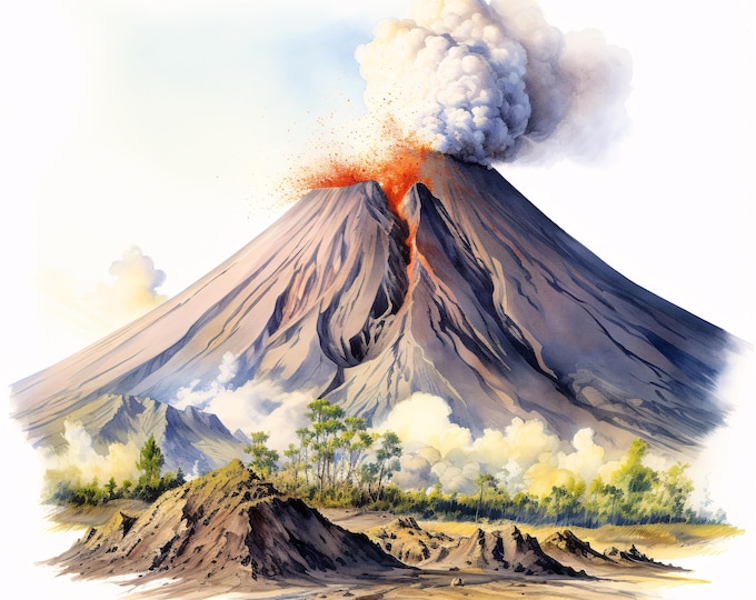 Volcano Clipart, Erupting Mountain Images, 10 Watercolor Clip Art, Printable JPGs, Instant Download, Commercial Use, Paper Craft