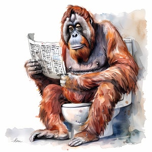 Clipart orang-oetan, afbeeldingen orang-oetan op het toilet, 10 aquarel-illustraties, afdrukbare JPG's, Instant Download, Commercieel gebruik, Papercraft