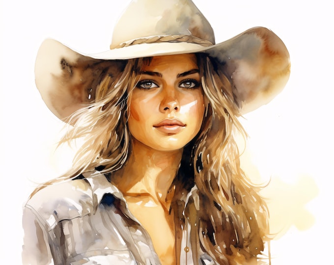 Watercolor Cowgirl Portrait Clip Art: Western Woman JPG Images (Commercial Use, Instant Download)