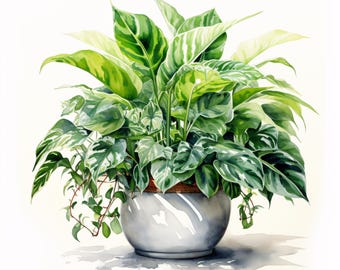 Indoor Plant Clipart, Green Leaves Images, 10 Watercolor Clip Art, Printable JPGs, Instant Download, Commercial Use, Paper craft