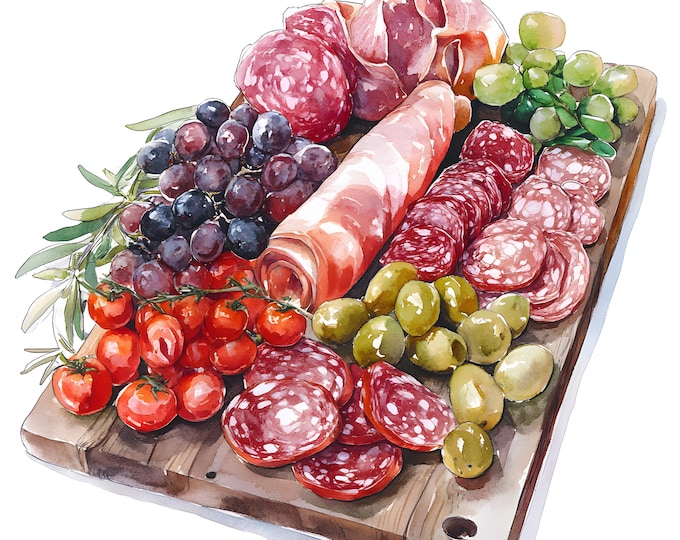 French Charcuterie Clipart, Charcuterie Board Images, 10 Watercolor Clip Art, Printable JPGs, Instant Download, Commercial Use, Paper craft