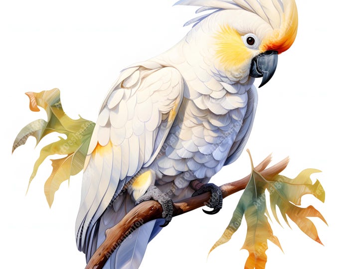 White Cockatoo Clipart, Corella Cockatoo Images, 10 Watercolor Clip Art, Printable JPGs, Instant Download, Commercial Use, Paper craft