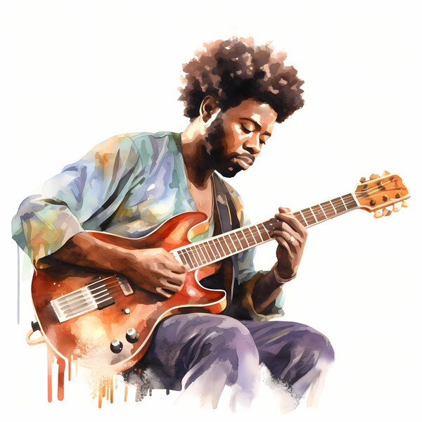 Afro Musician, African American Musician - Watercolor Clipart Set with 10 JPG Images - Instant Download, Commercial Use, Digital Prints