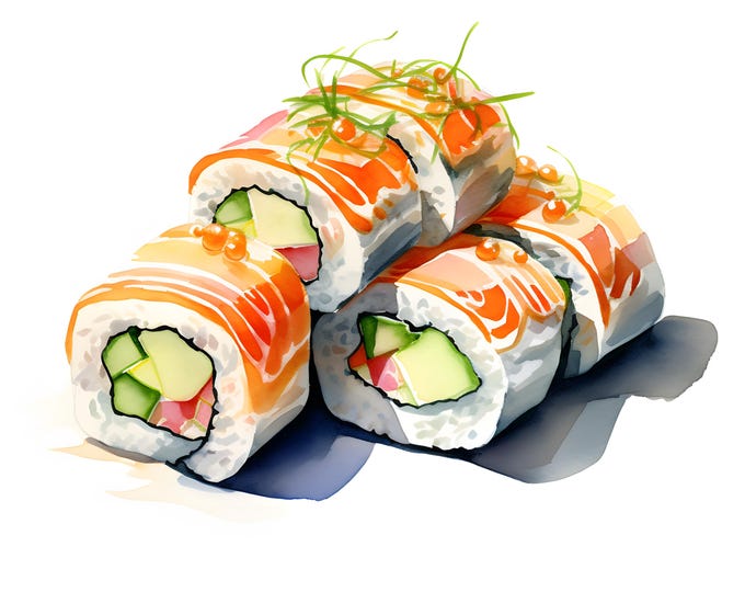 Sushi Clipart, Sushi Rolls Images, 10 Watercolor Clip Art, Printable JPGs, Instant Download, Commercial Use, Paper craft