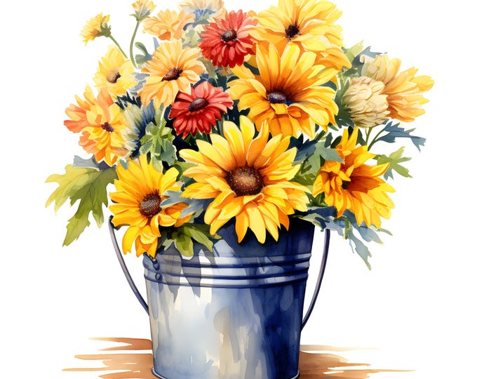 Flowers In Bucket Clipart, Flower Bucket Images, 10 Watercolor Clip Art, Printable JPGs, Instant Download, Commercial Use, Paper craft