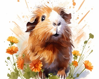 Watercolor Guinea Pig Clipart: Printable JPG Images (Commercial Use)