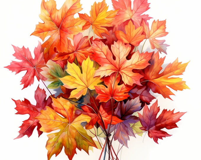 Autumn Leaves Clipart, Fall Leaves Bouquet Images, 10 Watercolor Clip Art, Printable JPGs, Instant Download, Commercial Use, Paper craft