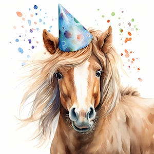 Clipart paard, afbeeldingen paard met feestmuts, 10 aquarel-illustraties, afdrukbare JPG's, Instant Download, Commercieel gebruik, Papercraft