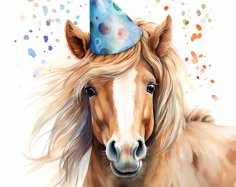 Watercolor Horse Clipart: Party Hat Animal Images (JPG, Commercial Use)