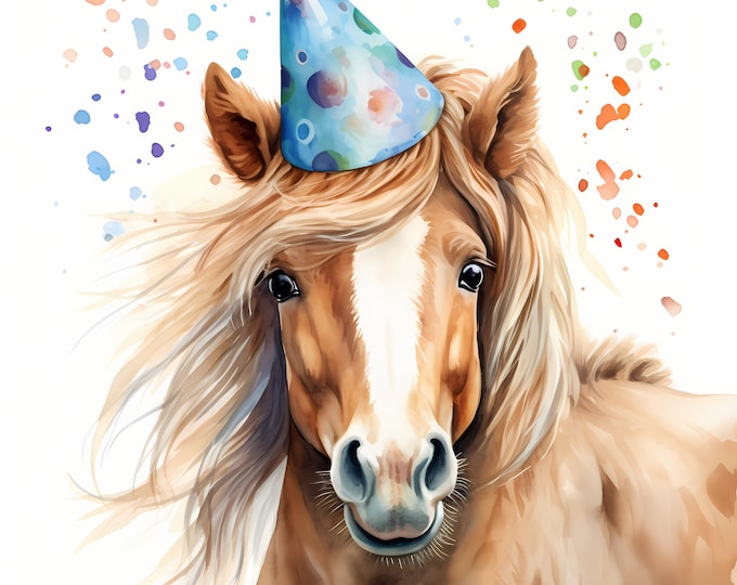 Horse Clipart, Horse with Party Hat Images, 10 Watercolor Clip Art, Printable JPGs, Instant Download, Commercial Use, Paper craft