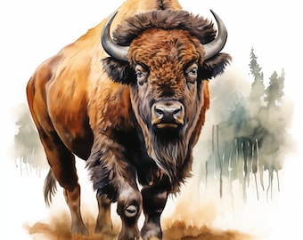 Watercolor Bison Clipart: American Buffalo JPG Images (Commercial Use)