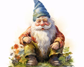 Clipart di gnomi da giardino, immagini di personaggi stravaganti, 10 clipart ad acquerello, JPG stampabili, download istantaneo, uso commerciale, creazione di carta