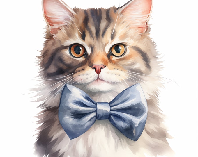 Cat with Tie Clipart, Elegant Cats Images, 10 Watercolor Clip Art, Printable JPGs, Instant Download, Commercial Use, Paper craft