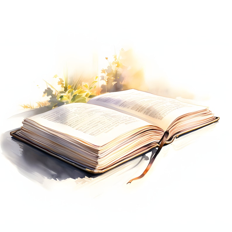 May include: An open book with aged, yellowed pages lies on a table with a blurred background of green foliage and a soft, watercolor-like effect. The book is open to a page with text, and a brown ribbon bookmark is attached to the spine.