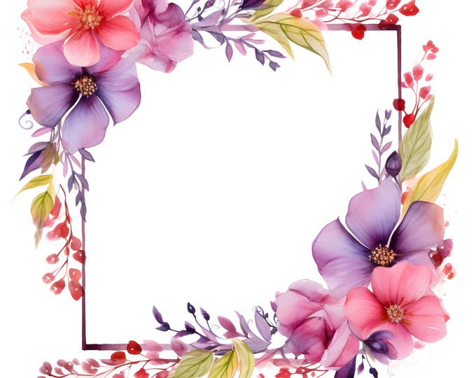 Flowers Frame Clipart, Pink and Violet Flowers Images, 10 Watercolor Clip Art, Printable JPGs, Instant Download, Commercial Use, Paper craft