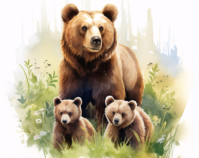 Bear Family Clipart, Mother Bear with Cubs Images, 10 Watercolor Clip Art, Printable JPGs, Instant Download, Commercial Use, Paper craft
