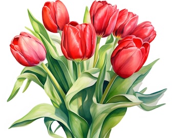 Red Tulips Clipart, Tulips Bouquet Images, 10 Watercolor Clip Art, Printable JPGs, Instant Download, Commercial Use, Paper craft
