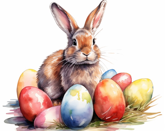 Easter Bunny Clipart, Rabbit with Eggs Images, 10 Watercolor Clip Art, Printable JPGs, Instant Download, Commercial Use, Paper craft
