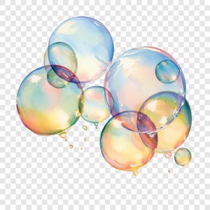 Puede incluir: Una ilustración en acuarela de varias burbujas translúcidas de varios tamaños. Las burbujas tienen un degradado de colores, incluyendo azul, amarillo, naranja y morado. Algunas burbujas tienen gotas de agua colgando de ellas.