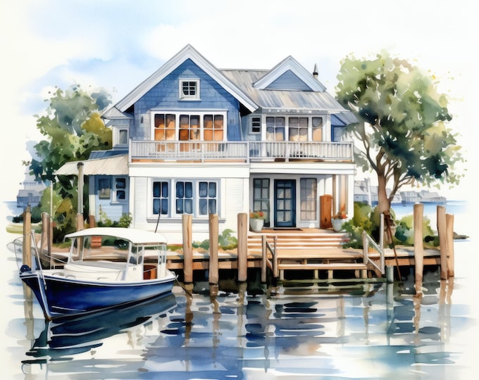 Harbor House Clipart, Coastal Home Images, 10 Watercolor Clip Art, Printable JPGs, Instant Download, Commercial Use, Paper Craft