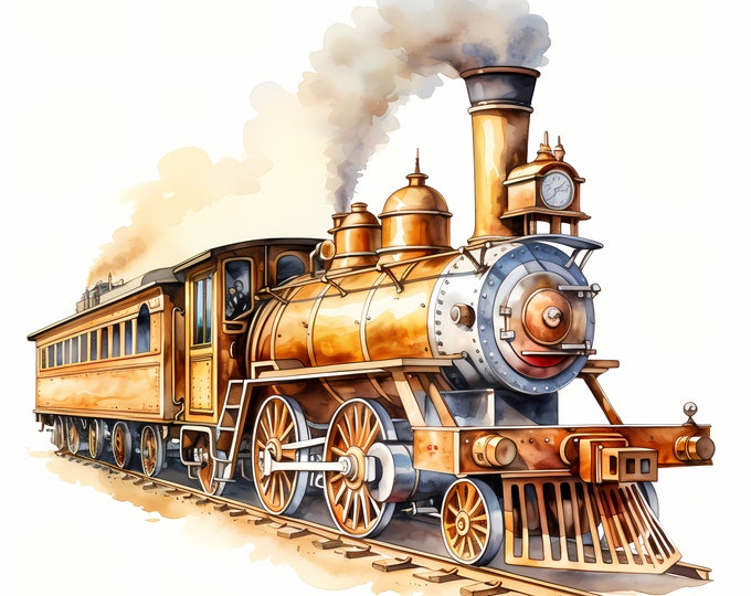 Steampunk Train Clipart, Vintage Locomotive Images, 10 Watercolor Clip Art, Printable JPGs, Instant Download, Commercial Use, Paper craft