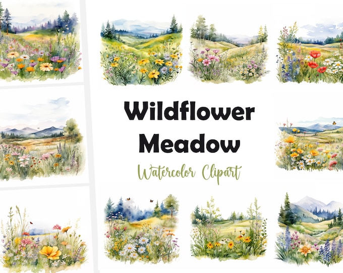 Wildflower Meadow Clipart, Wild Meadow Images, 10 Watercolor Clip Art, Printable JPGs, Instant Download, Commercial Use, Paper craft