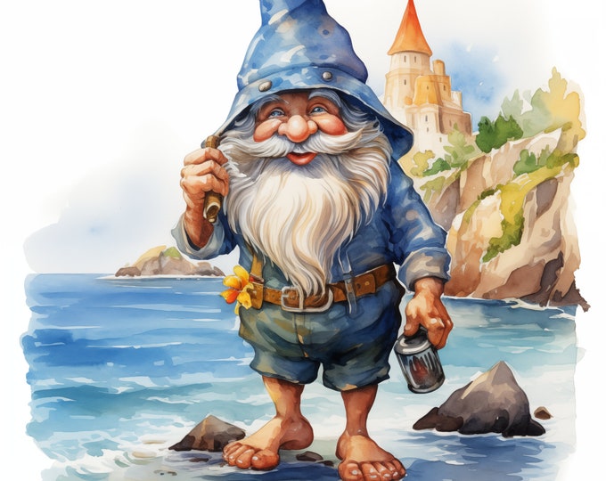 Nautical Gnome Clipart, Beach Gnome Images, 10 Watercolor Clip Art, Printable JPGs, Instant Download, Commercial Use, Paper craft
