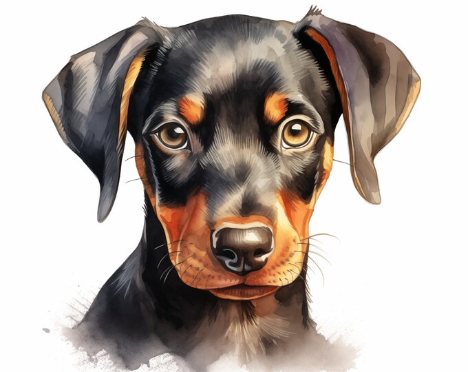 Dobermann Clipart, Puppy Dog Images, 10 Watercolor Clip Art, Printable JPGs, Instant Download, Commercial Use, Paper craft