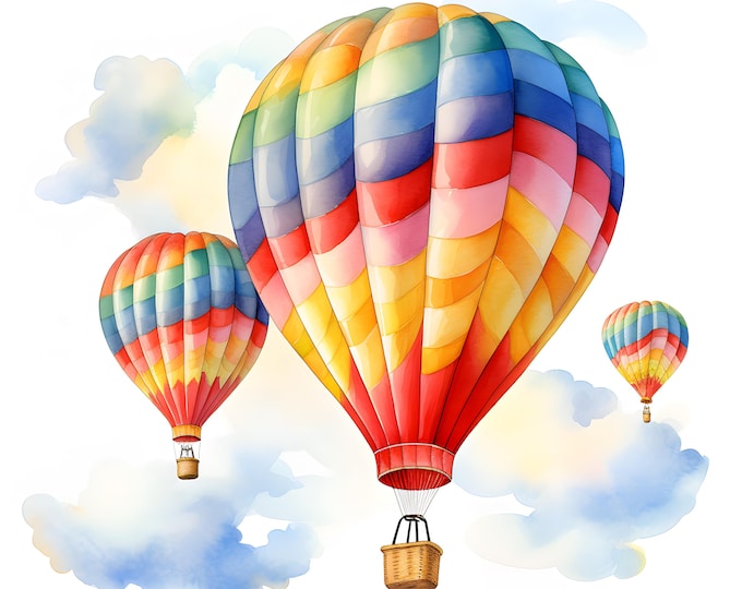 Hot Air Balloons Clipart, Air Balloons Images, 10 Watercolor Clip Art, Printable JPGs, Instant Download, Commercial Use, Paper craft