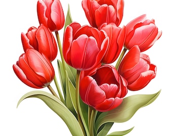 Watercolor Red Tulips Clipart: Commercial Use JPGs (Digital Download)