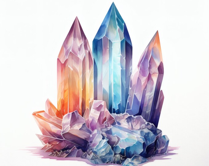 Magic Crystal Clipart, Fantasy Gemstone Images, 10 Watercolor Clip Art, Printable JPGs, Instant Download, Commercial Use, Paper craft