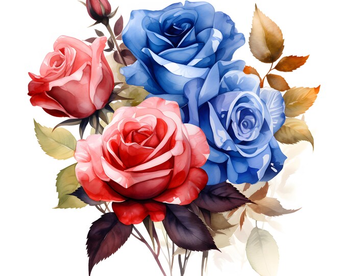 Rose Bouquet Clipart, Blue And Red Roses Images, 10 Watercolor Clip Art, Printable JPGs, Instant Download, Commercial Use, Paper craft