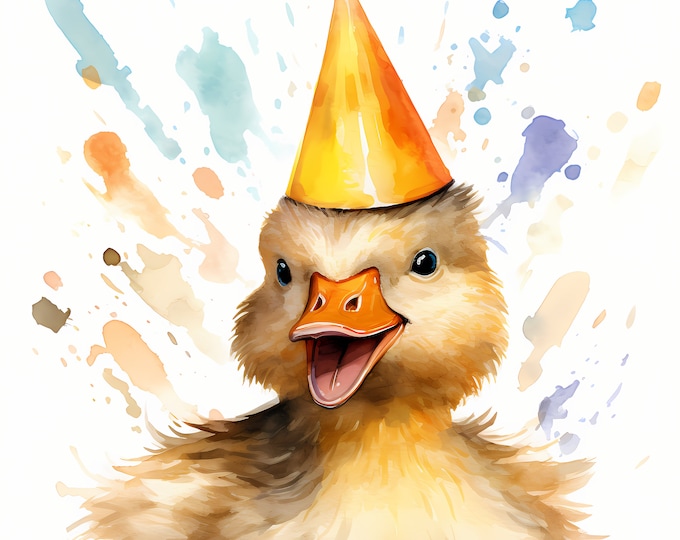 Duck Clipart, Duck with Party Hat Images, 10 Watercolor Clip Art, Printable JPGs, Instant Download, Commercial Use, Paper craft